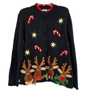 Jennifer Lauren Christmas Cardigan Snowmen Snowflakes Full Zip Sweater Sz 1x